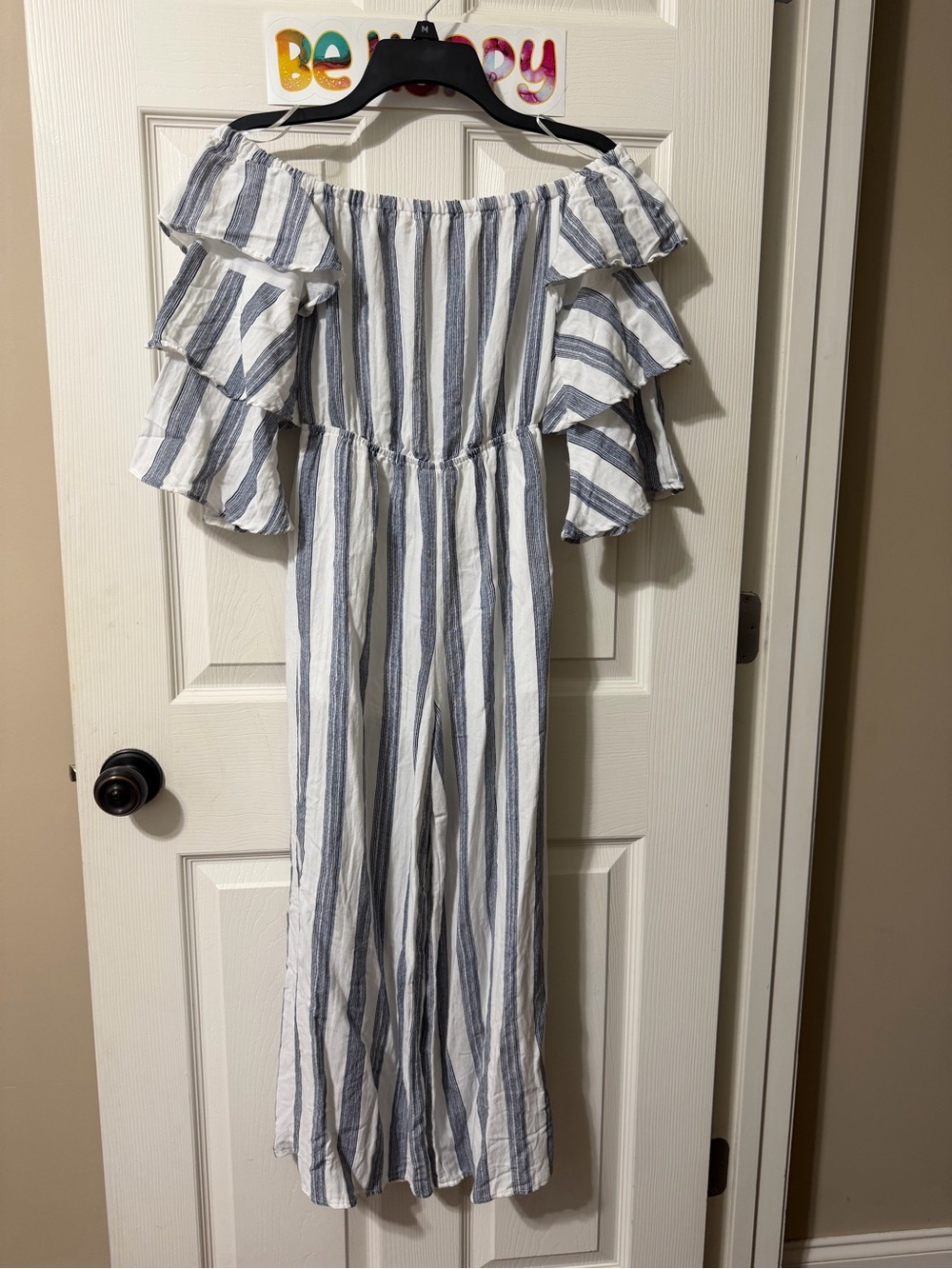 Flying Tomato White and Blue Striped Off-Shoulder Wide Leg Jumpsuit